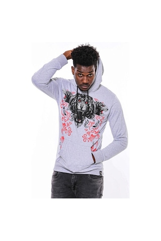 Wessi Gri Taşlı Baskılı Kapşonşlu Sweatshirt Gri