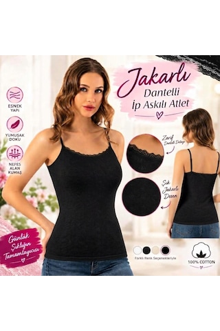 Perafit Kadın 3'lü Paket Jakarlı Dokuma %100 Pamuk İnce İp Askılı Dantelli Atlet Seti Siyah Beyaz Ten Rengi Şık Rahat İç Giyim Çok Renkli