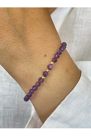 14 Ayar Altın Dorika Detaylı Doğal Amatis Taşlı Unisex Altın Bileklik Altın