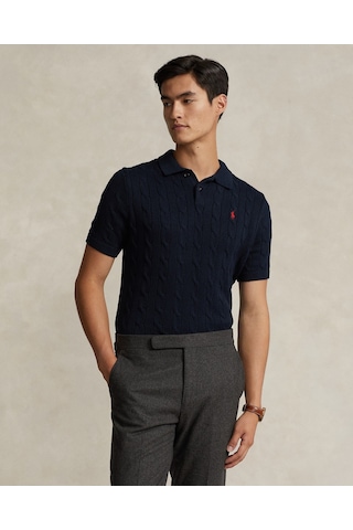 Polo Ralph Lauren Pamuklu Örgülü Polo Yaka Kazak Lacivert
