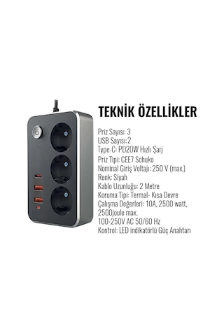 3lü Priz 2500 Watt Akım Korumalı 2m Uzatma Kablosu 2xusb 1xtype-c Diğer