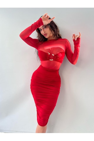 Pink Life Kırmızı Yılan Toka Tül Detaylı Büzgülü Kalem Elbise Kırmızı