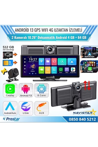 Kayıtlı 2 Kameralı Android 13 Wıfı Gps 4g Uzaktan İzlemeli 4 Gb + 64 Gb Carplay 512 Gb Destekli Tak Kullan Kamera Seti