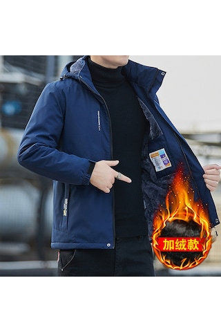 Erkek Sonbahar/kış Kadife Astarlı Rüzgar Geçirmez Ve Su Geçirmez Ceket Mavi