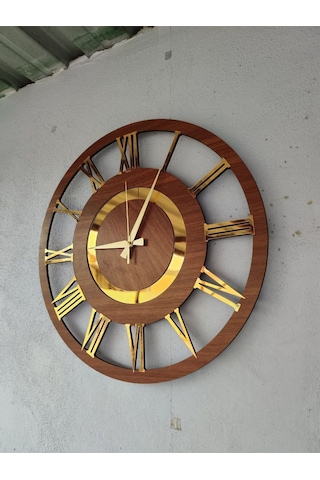 Siyah Ve Ceviz Renk Gold Sayılı Hediyelik Ahşap Dekoratif Farklı Desenli Ev Duvar Saati 50cm Ceviz