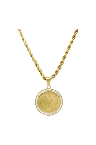 Tesbihane Gold Renk Beyaz Zirkon Taş Süslemeli Reşat Altın Beşi Bir Yerde Tasarım Çelik Kadın Kolye Altın