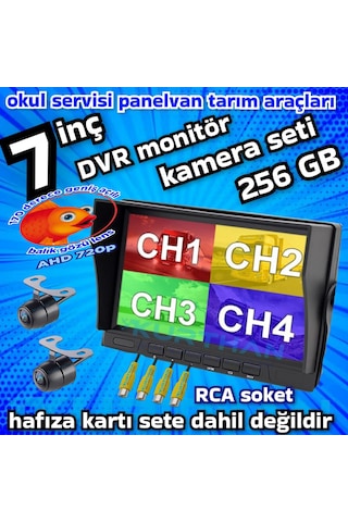 2 Adet Ledsiz Ahd 720p 170'' Balık Gözü Lens Kelebek Kamera 256 Gb 7 İnç Hybrid Dvr Monitör 12 Volt
