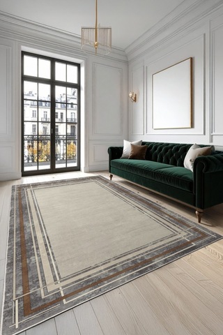 Modern Mimarlığın Zemindeki Yansıması Mermer Dokulu Çerçeveli Kaymaz Taban Halı Bej