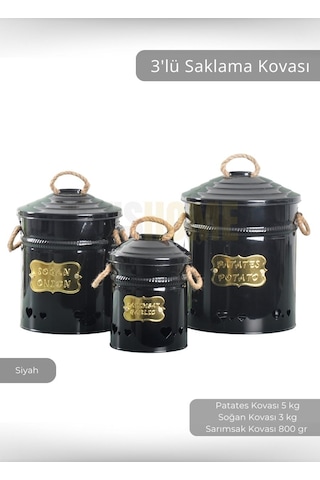 3'lü Set Sebzelik Metal Patates Soğan Sepeti Sarımsak Kovası Şık Organizer Siyah Siyah