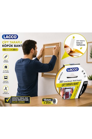 Lacco Çift Taraflı Köpük Bant 15 Mm X 25 M Güçlü Yapışkanlı Montaj Bandı Çok Amaçlı Beyaz 1 Adet