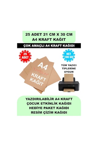 25 Adet A4 Kraft Kağıt 21x30 100 Gr. Yazıcı Uyumlu, Vintage Resim Kağıdı, Çocuk Etkinlik Kağıdı