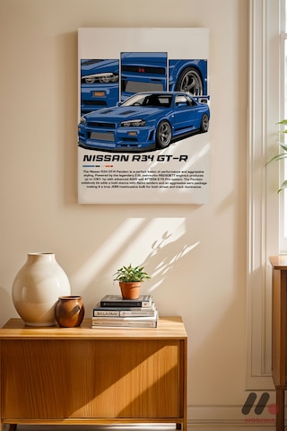 Nissan Skyline R34 Gt-r Mavi Jdm Poster, Çerçevesiz Yüksek Kalite Duvar Afişi - Oto Severlere Özel H
