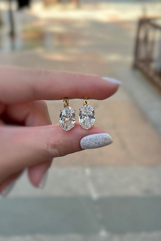 Gümüş Oval 12x8 Mm Taşlı 4,5 Carat Altın Kaplama Tektaş J Küpe Sarı
