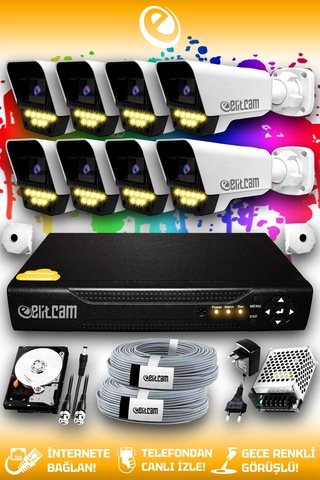 Elitcam 8 Kameralı Süper 8 Dış Kamera Set 500 GB 5 MP 2K Net Renkli Gece Görüşlü Güvenlik Kamerası Sistemi