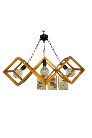 Doğal Eskitme 3'lü Ahşap Kare Çerçeveli Avize Siyah Zincir Askı