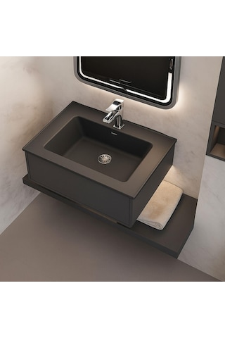 Real Stone Zenıth 65 Etajerli Beyaz Granit Banyo Lavabosu 65x45 Beyaz