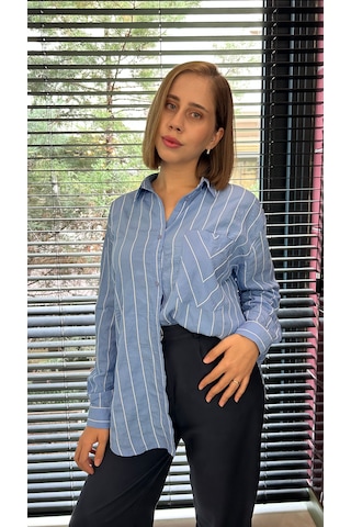 Elif Tarakçı Butik Mavi Çizgili Gömlek Mavi Çizgili