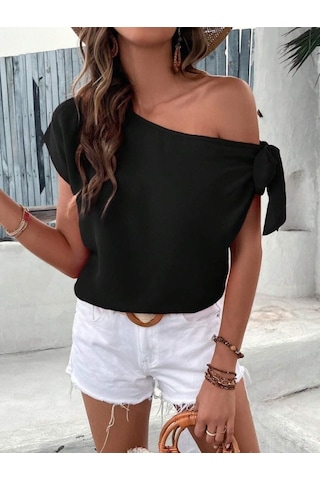 Munn Collection Kadın Tek Omuzu Açık Koldan Bağlamalı Janjan Krep Bluz Siyah