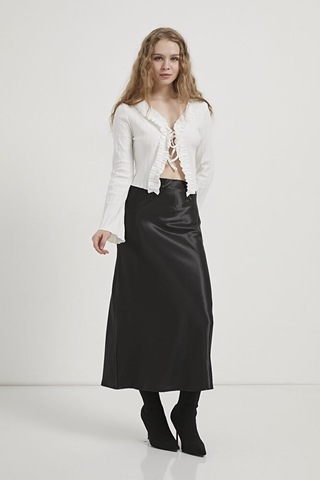 Kadın Fırfır Detaylı Önü Bağcıklı Esnek Pamuk Kısa Fitilli Hırka Beyaz