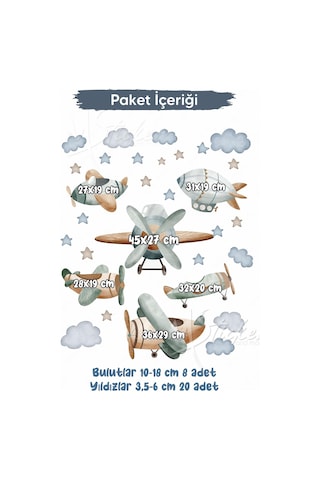 Pastel Tonlarda Planör Uçak Balon Ve Bulutlar Yıldızlar Çocuk Bebek Odası Duvar Cam Dolap Sticker