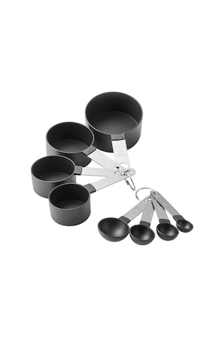 Neevoyu Kahve, Şeker, Yağ Ölçümü İçin 8 Parça Plastik+paslanmaz Çelik Kupa Ve Kaşık Seti - Mutfak Fırıncı Gereci Siyah