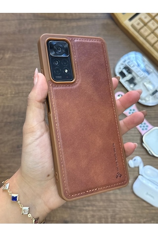 Redmi Note 11 Pro 4g Uyumlu Premium Deri Dokulu Darbelere Karşı Dayanıklı Nazal Silikon Kılıf Kahverengi