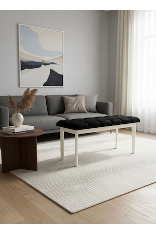 Loft Kapitone Döşeme Beyaz Metal Ayaklı Puf & Bench - 105x40 Cm Siyah