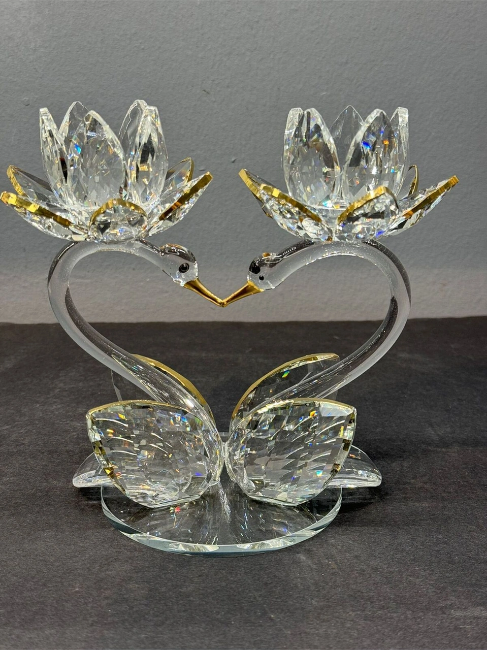 Dekoratif Kristal Cam Ikili Lotus Kuğulu Kalp Şamdan Gold