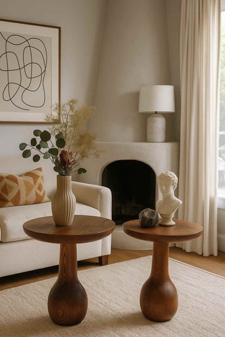 2 Li Doğal Masif Ahşap Yan Sehpa Seti Meşe Renk Zigon Fiskos Meşe