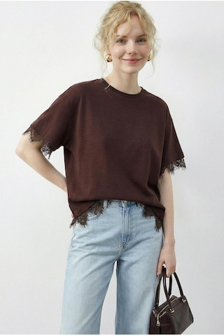 Shade Kadın Dantel Detaylı Bisiklet Yaka Oversize T-shirt 1046 60283955 - Kahverengi