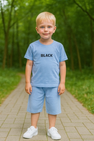 Black Baskı Fitillli Şortlu Basic Kız Erkek Çocuk Yazlık Şortlu Takım Mavi