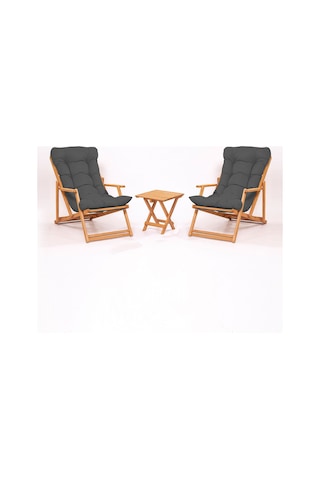 Meya Dekor Simona Grand Şezlong 2+1 Ahşap Bahçe Balkon Teras Katlanır Set - Antrasit Minder Antrasit