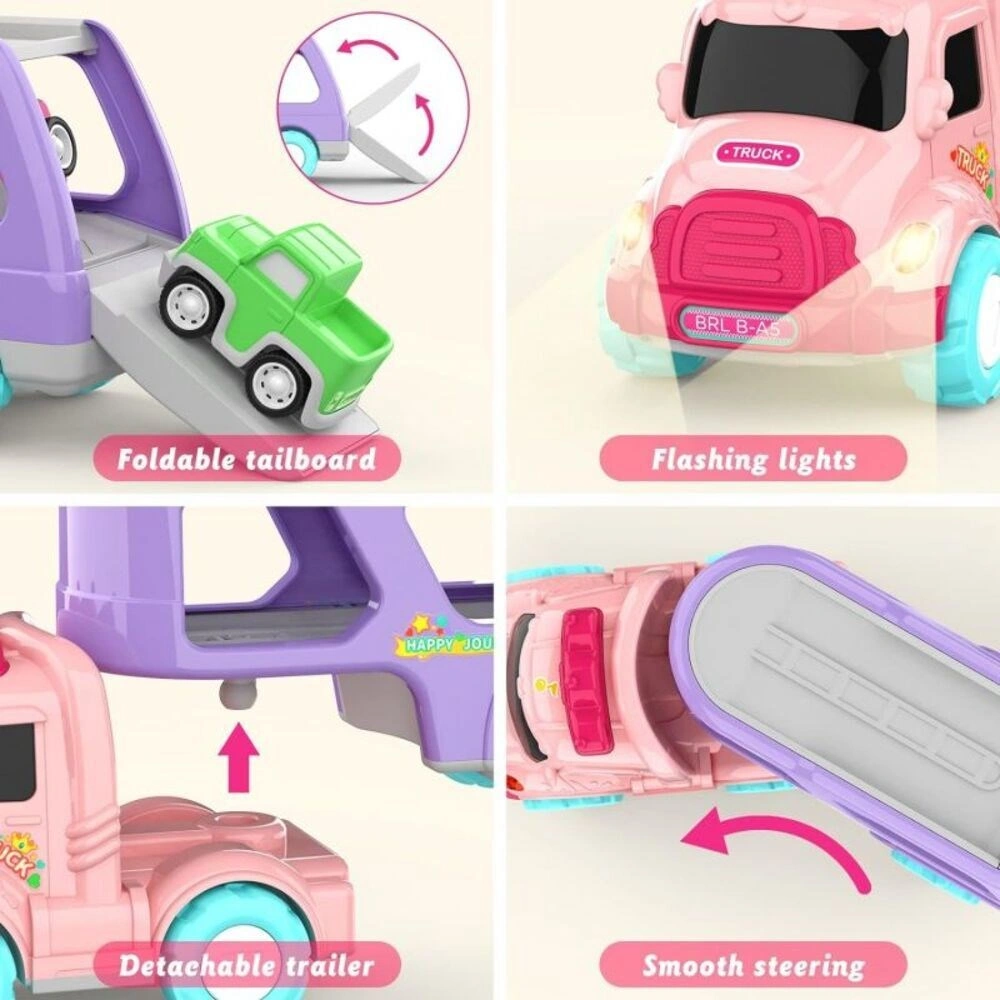 Sürtmeli Sesli Işıklı Araç Taşıyan Pembe Tır 4 Araçlı Pembe