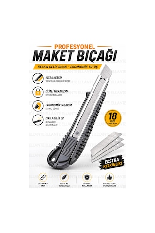 Profesyonel Maket Bıçağı 18 Mm Metal Raylı, Kırılabilir Çelik Uç, Kilitli Mekanizma, Ergonomik Fal