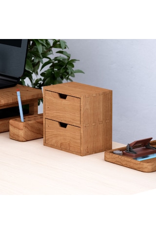 Desna İki Katlı İki Çekmeceli Mini Dolap - Kiraz 18 Cm Uzunluk X 12.1 Cm Derinlik X 18.4 Cm Woodsaka Doğal Ahşap
