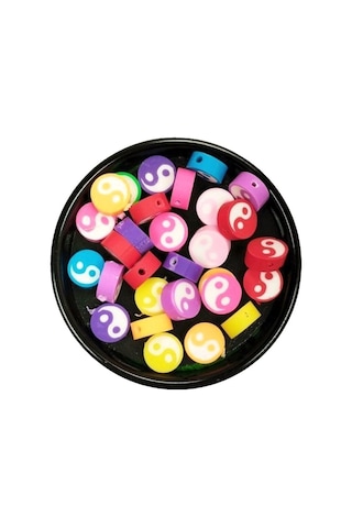 30 Adet 10 Mm Polimer Kil Fimo Boncuk Takı Bileklik + 1 Metre Lastikli Misina - Renkli Yin Yang