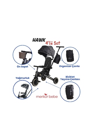 Merkür Bebe 9in1 Hawk Çift Yönlü Katlanabilir Yatabilir Ayak Destekli Üç Tekerlekli Bebek Ve Çocuk Bisikleti Seti Premium Gold Siyah - Sarı