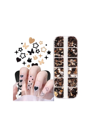 Siyah Ve Gold Tırnak Süsleme Folyo Pulları Karışık Dizayn Kelebek Kalp Tavşan Yıldızlar Nail Art