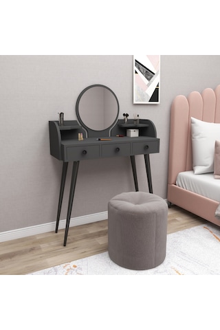 Arnetti Aynalı Ahşap Ayaklı Elegans Makyaj Masası Antrasit