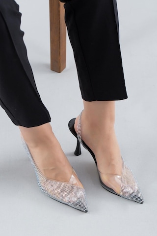 Stilbagshoes Mamie Taş Detaylı Şeffaf Kadın Topuklu Ayakkabı Siyah-siyah Siyah