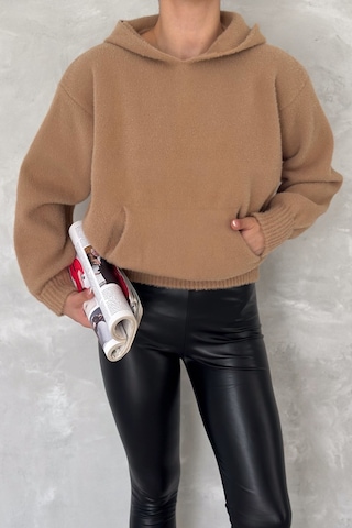 Femelle Kadın Kahverengi Standart Beden Kapüşonlu Peluş Triko Sweatshirt