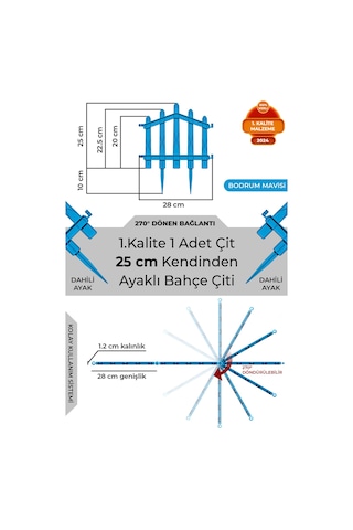 Dekoratif Plastik Bahçe Çiti Ve Peyzaj Çiti 1 Adet Çit Y: 25 Cm / G: 25 Cm Toprak Ayaklı - Bodrum Mavisi