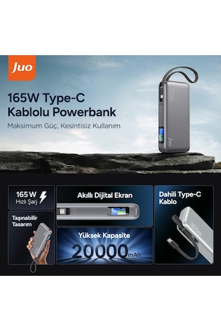 Juo 20000 Mah 165w Led Ekranlı Usb-a + Type-c Kablolu Taşınabilir Pd Hızlı Şarj Cihazı Powerbank Gri