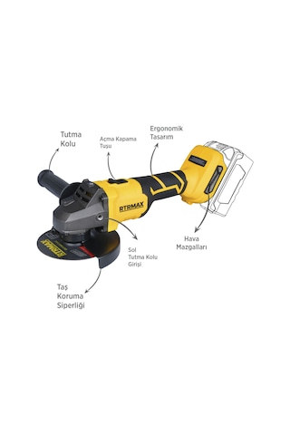 Rtrmax RTS5050B Şarjlı Avuç Taşlama Makinası Kömürsüz 125 mm 8.500 Rpm - Akü Hariç