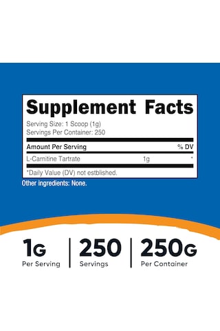 Nutricost L-carnitine Tartrate Muscle Recovery 250 Gram - 1 Gram Per Serving, 250 Servings Aromasız