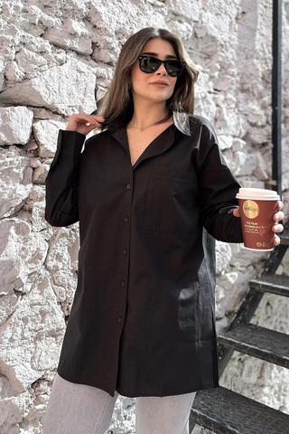Kadın Siyah Terikoton Kumaş, Yırtmaçlı, Rahat Uzun Gömlek Siyah