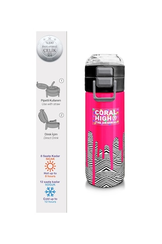 Coral High Kız Çocuk 500 Ml Okul Ve Günlük Paslanmaz Çelik Termos - Pembe Siyah Beyaz Desenli - Sızdırmaz Çok Renkli