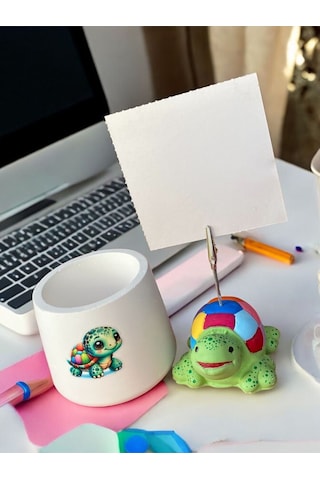 Renkli Kaplumbağa Fotoğraf Tutucu Not Tutacak Baskılı Kalemlik Ofis Seti Heyelik Çok Renkli