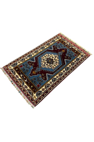 El Dokuma Koleksiyonluk Sıfır Yahyalı Halısı 93x157 Mavi Kırmızı Kök Boya %100 Yün Halı