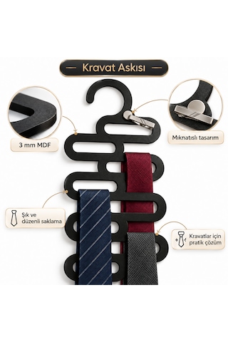 Doalino Mıknatıslı Ahşap Kravat Askısı Dolap Içi Kravat Düzenleyici Organizer Siyah
